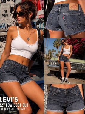 Levi’s 527 Low Boot Cut Cutoff Denim Shorts Dark Wash Frayed Hem W30